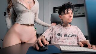 A girl rubs her pussy on the table and fucks a big cock