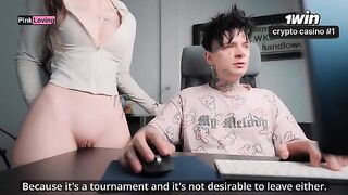 A girl rubs her pussy on the table and fucks a big cock