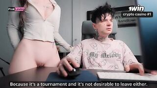 A girl rubs her pussy on the table and fucks a big cock