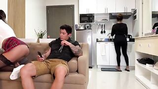 A girl came to her stepdad to report on her studies, but she was caught up in the moment