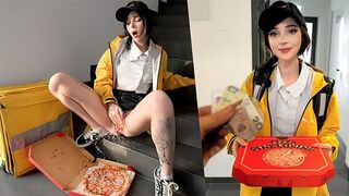 The guy made a mess on the pizza delivery girl because it was very tasty