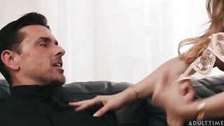 I fucked the slutty brunette on the couch and cum on her tits