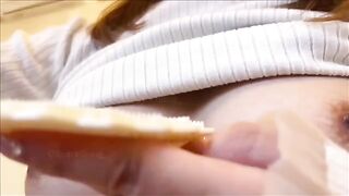 A girl with big boobs masturbates her pussy using a sex toy