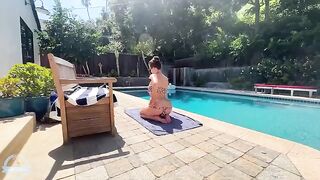 A big-breasted MILF has sex with her son’s friend by the pool