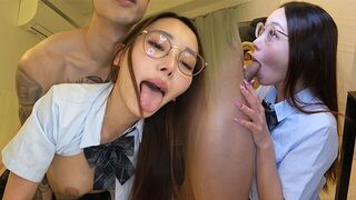 An Eastern schoolgirl in a roleplay that ends with a cumshot