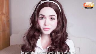 The girl is a sex doll in the arms of her master