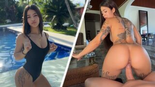 A small girl has sex with her neighbor in the pool, showcasing Colombian passion