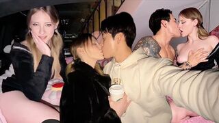 The couple has passionate sex right in the back seat of the car