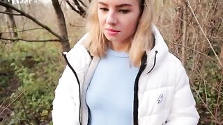 Petite teen Ava Monn gets fucked in the forest and swallows cum