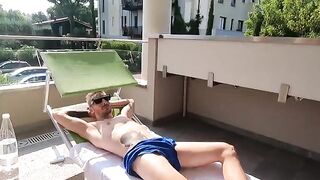Appetizing Italian girl has sex on the balcony of her seaside villa ( Dialogues in Italian)