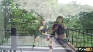 A cute Asian girl, Jasmine J, uses a sex machine to get a squirting orgasm on the balcony