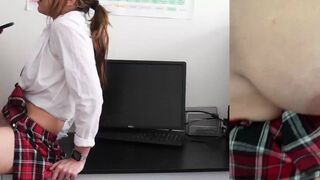 Schoolgirl masturbating in her uniform gets caught by teacher